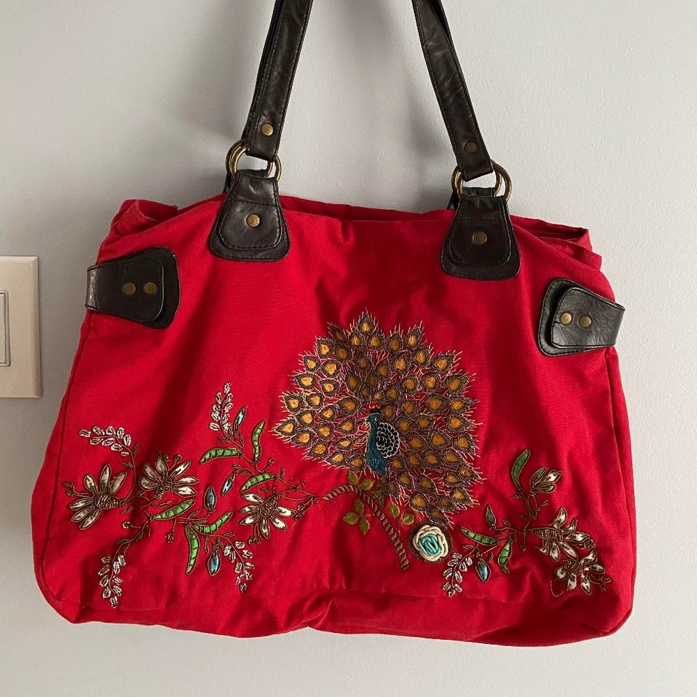 Anthropologie Red Embroidered Peacock Satchel